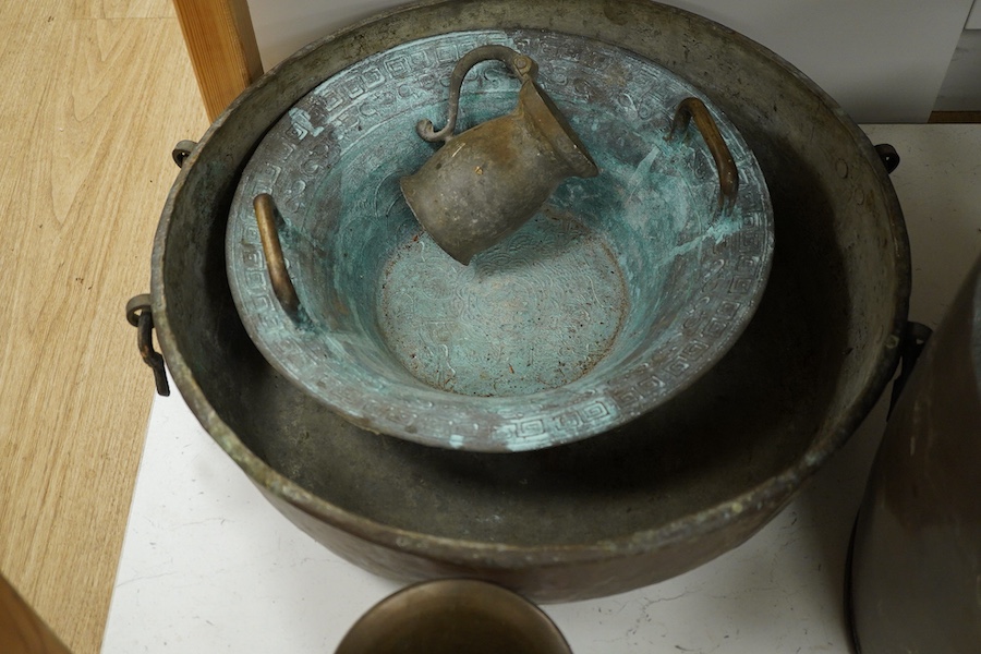 A Victorian copper copper, bronze mortar, and three other items